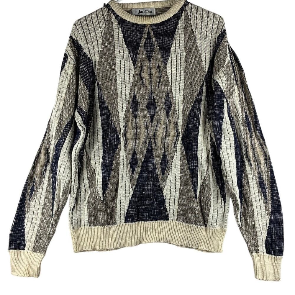 Jantzen Sweater Men's Medium Vintage 90s Geometric Diamond Knit Grandpa Cosby